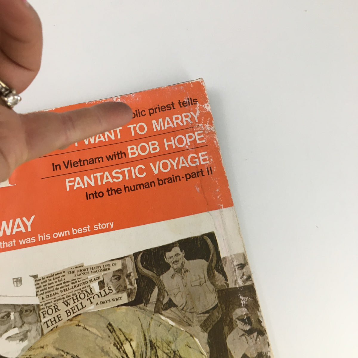 Close-up of the top section of The Saturday Evening Post cover from March 12, 1966, highlighting articles including 'Why I Want to Marry' and 'In Vietnam with Bob Hope'.