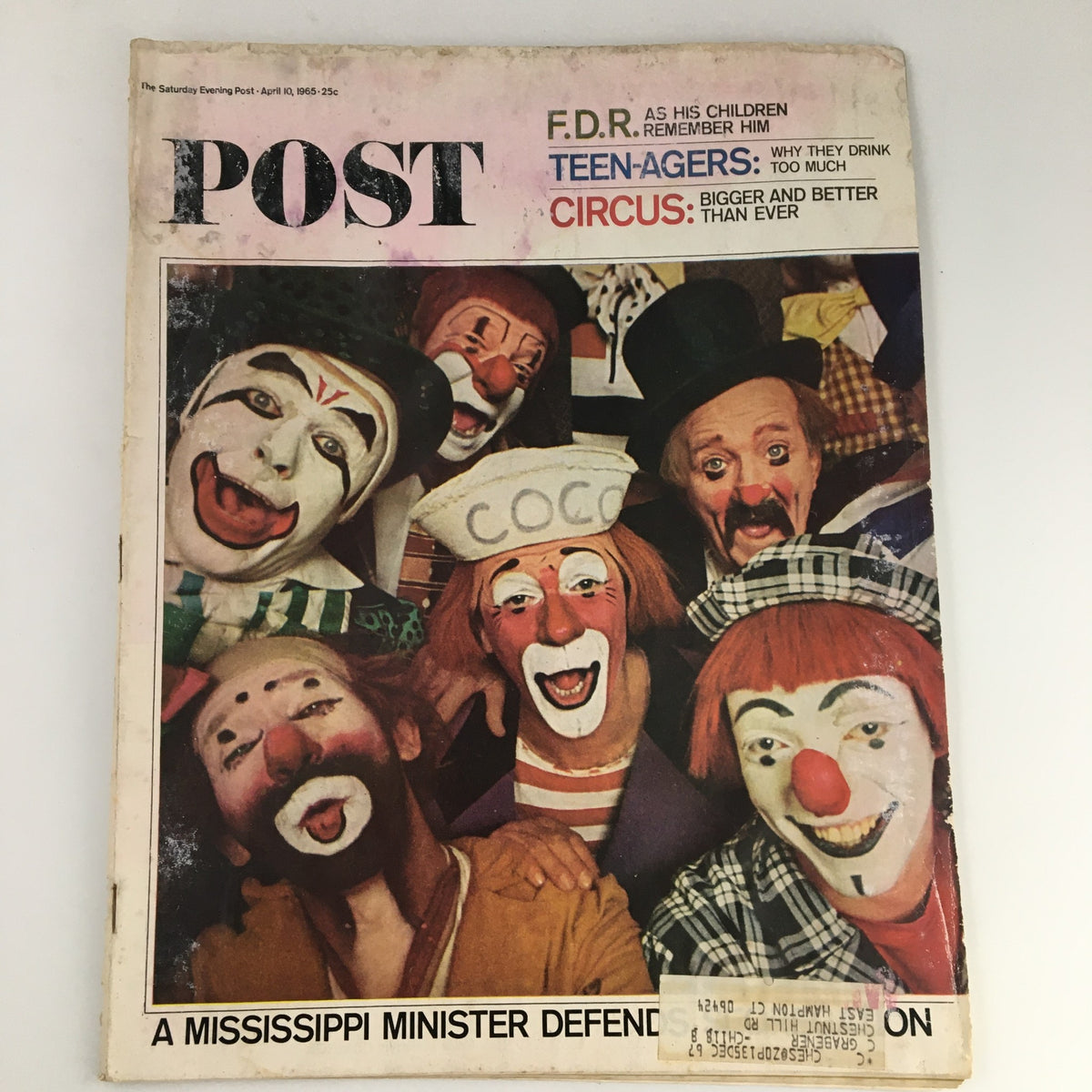 The Saturday Evening Post April 10 1965 magazine cover featuring clowns, highlighting articles on Franklin D. Roosevelt and teenage drinking.