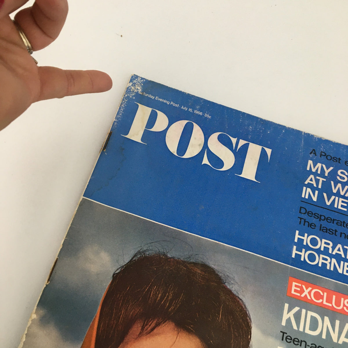 Close-up view of The Saturday Evening Post July 16, 1966 cover, showcasing Peggy Ann Bradnick's photo and the headline 'Kidnapped'.