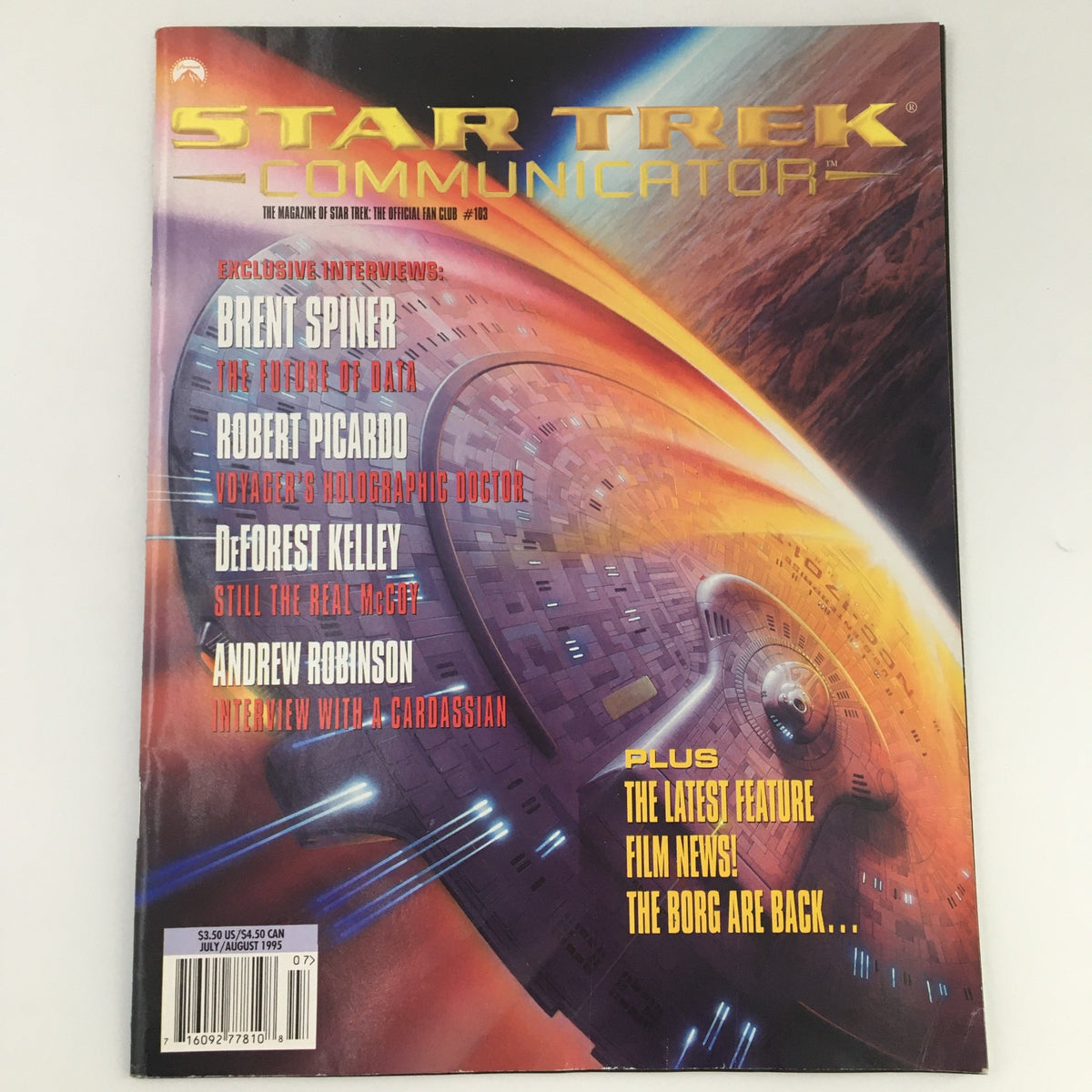 Star Trek Communicator Magazine July August 1995 featuring Brent Spiner on the cover, showcasing exclusive interviews and insights into the Star Trek universe.