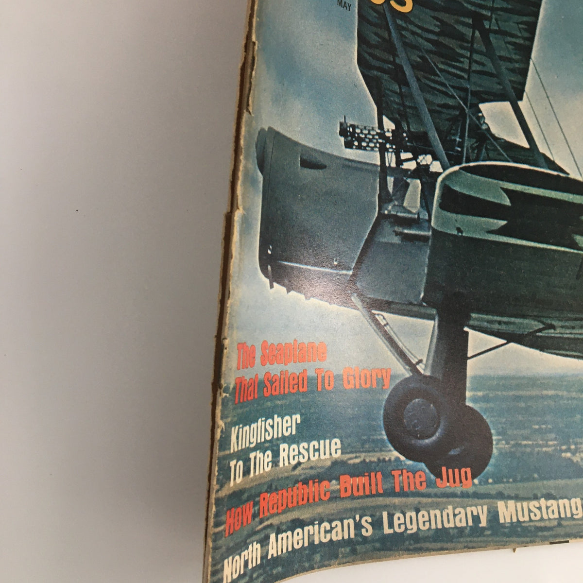 Detail view of the contents on the cover of VTG Air Classics Magazine May 1965 Vol 2 #6 featuring articles like 'The Seaplane That Sailed To Glory' and 'How Republic Built The Jug'.