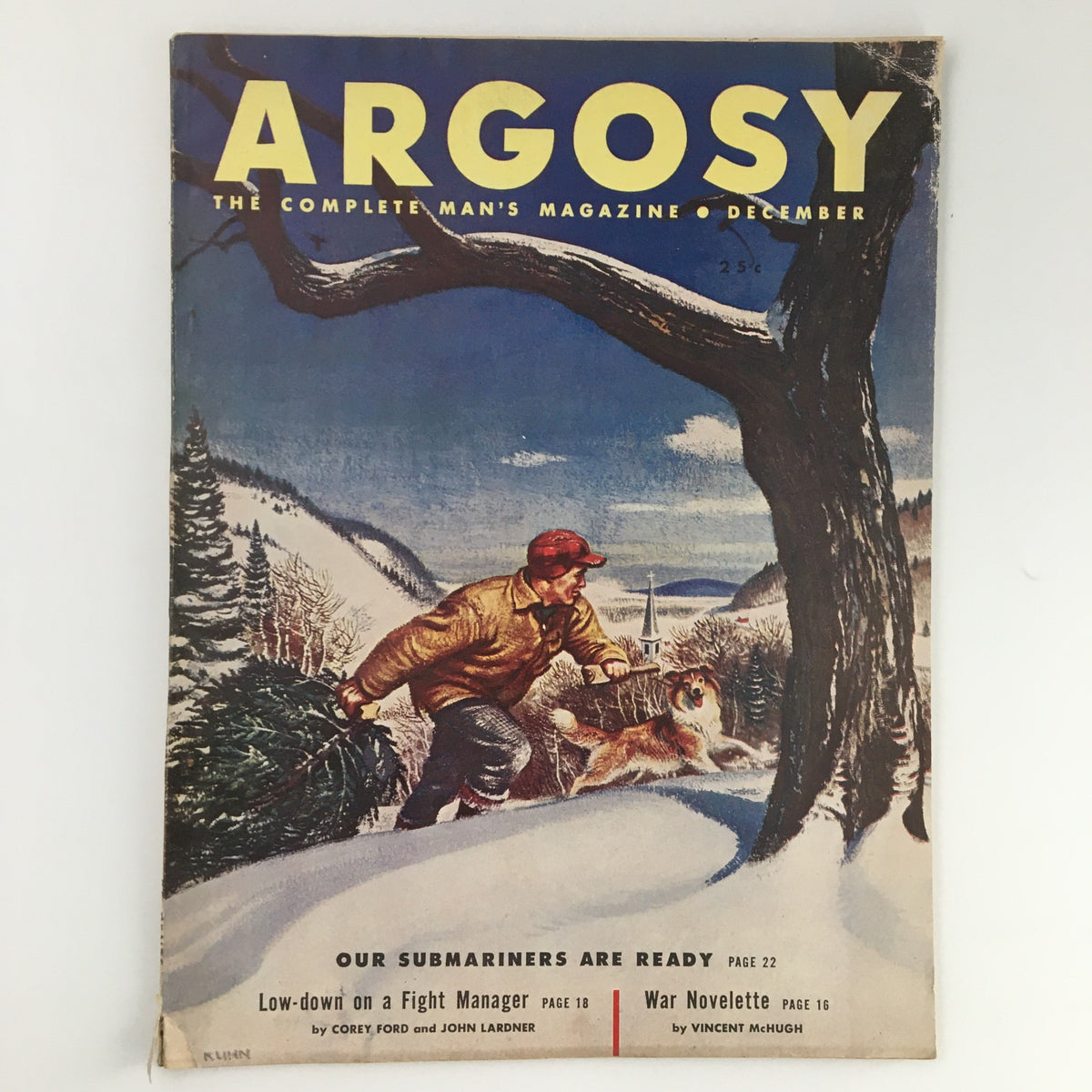 VTG Argosy Magazine December 1950 cover featuring the headline 'Our Submariners Are Ready' with an image of a man in winter attire and a dog.