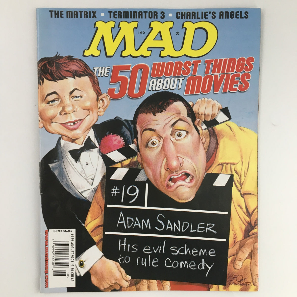 Mad Magazine August 2003 #432 cover featuring an illustration of comedian Adam Sandler with a humorous twist, showcasing the magazine's style and satirical content. This vintage issue highlights Sandler's comedic influence during the early 2000s.