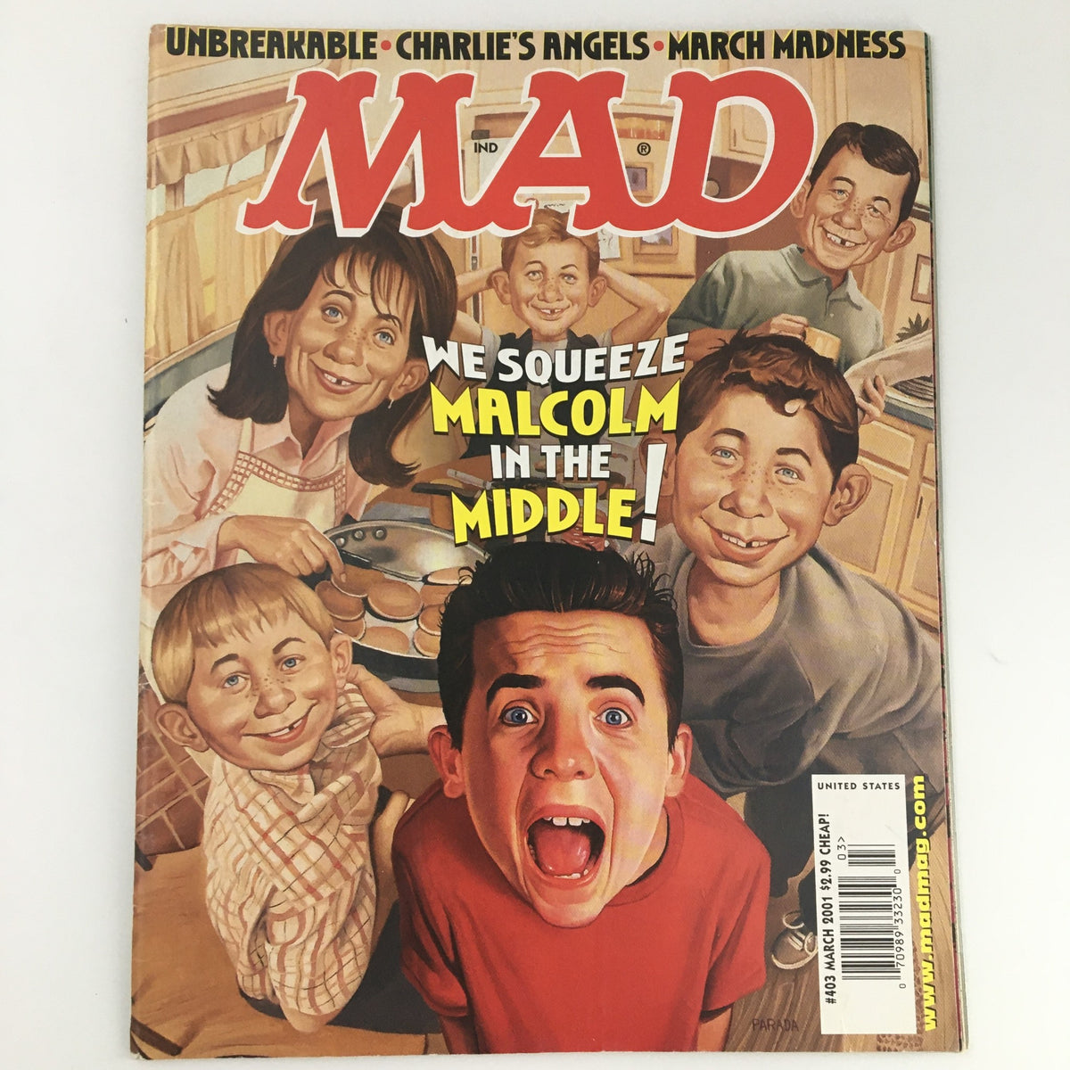 Mad Magazine March 2001 #403 cover featuring a humorous illustration of Malcolm In The Middle characters, showcasing playful expressions and vibrant colors.