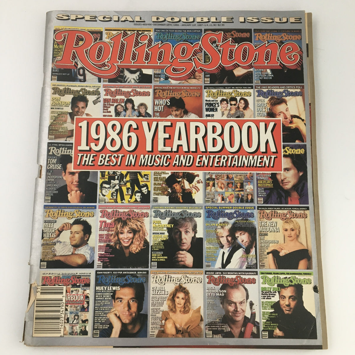 Cover of Rolling Stone Magazine dated December 18, 1986, showcasing the 1986 Yearbook of music and entertainment, featuring various famous artists and vintage magazine art.