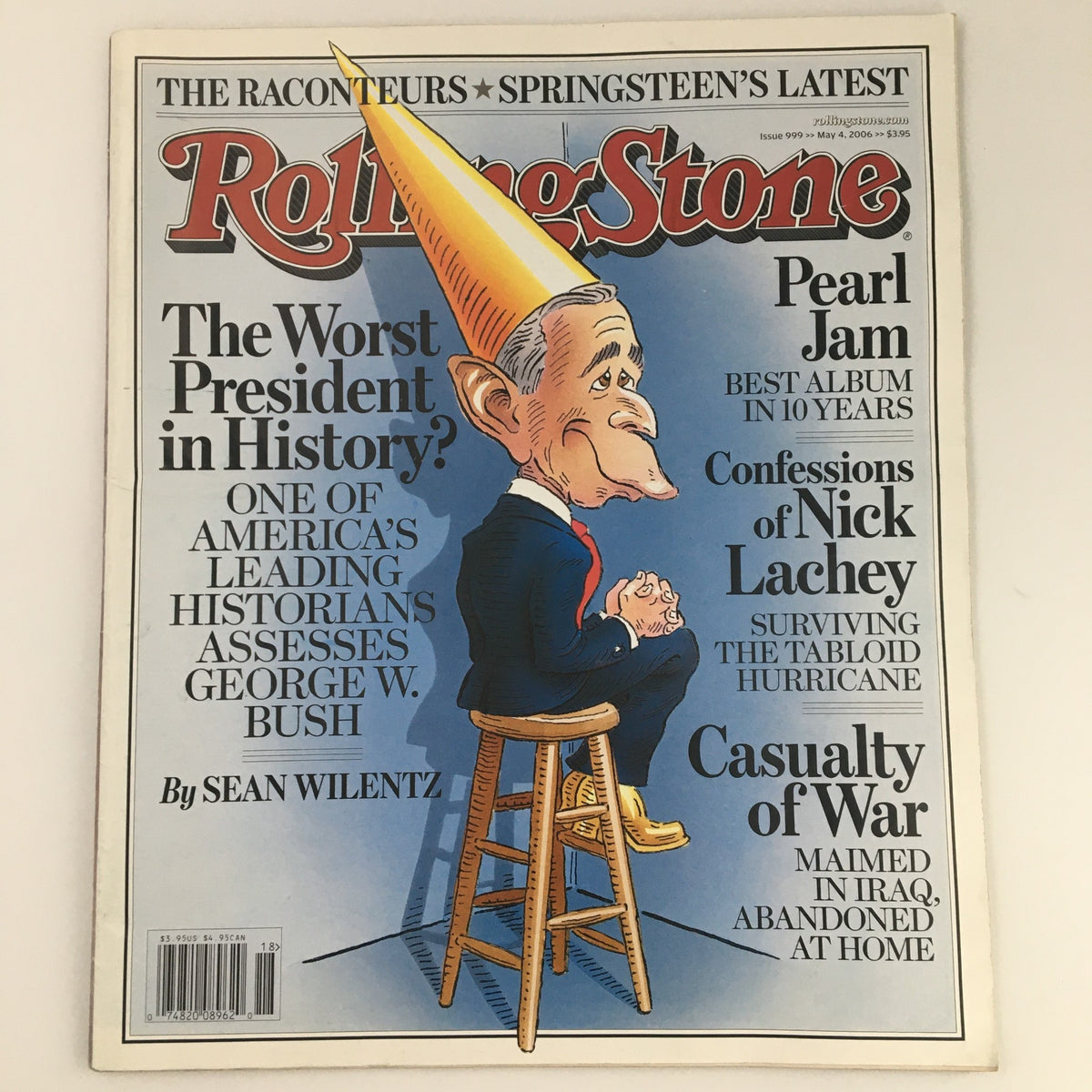 Rolling Stone Magazine May 4 2006 Cover featuring a caricature of George W. Bush wearing a party hat, highlighting political satire with the headline 'The Worst President in History?'