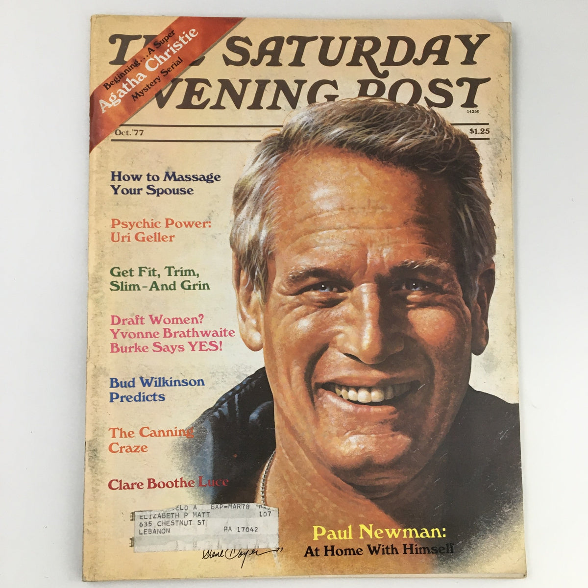 The Saturday Evening Post October 1977 featuring actor Paul Newman on the cover with a smiling portrait. The magazine includes articles on various topics such as psychic power, predictions, and self-improvement, showcasing Newman in a prominent spotlight.