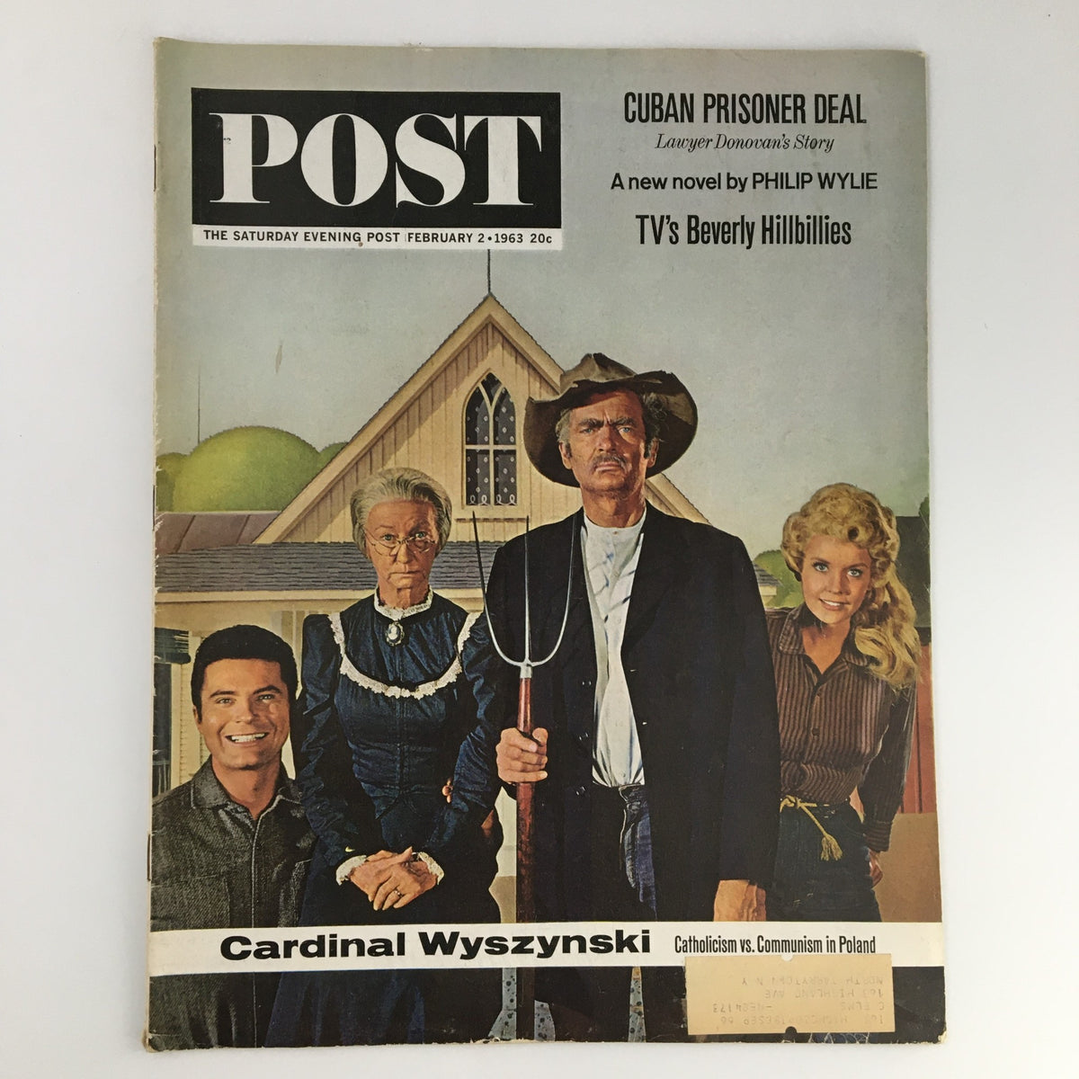 Cover of The Saturday Evening Post dated February 2, 1963, featuring a prominent illustration related to Archbishop Stefan Wyszyński of Warsaw, showcasing various characters in front of a house, representing themes of faith and societal issues of the era.