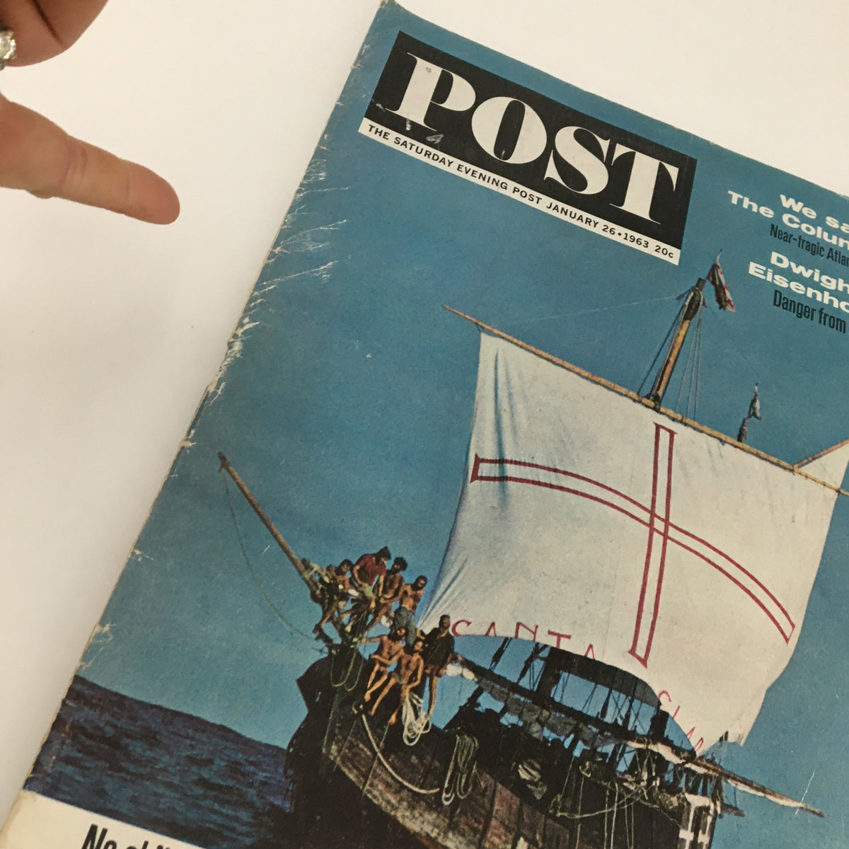Close-up view of The Saturday Evening Post cover from January 26, 1963, highlighting the article on General Dwight D. Eisenhower, with a ship sailing under vibrant blue skies.