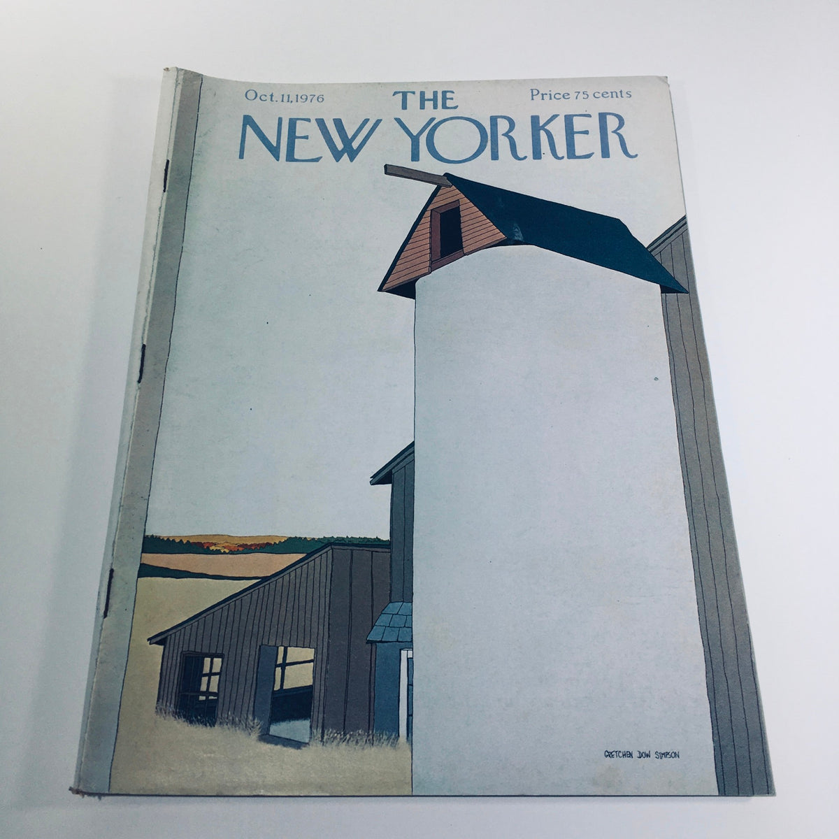 Cover of The New Yorker: Oct 11 1976, featuring artwork by Gretchen Dow Simpson, depicting a stylized barn and silo, capturing the essence of the 1970s aesthetic.