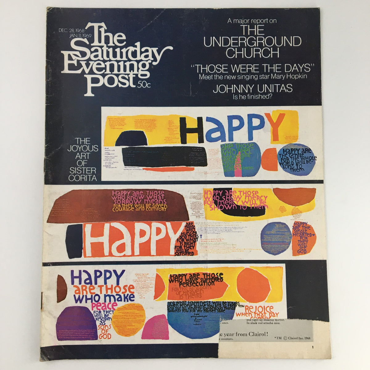 Cover of The Saturday Evening Post from December 28, 1968 to January 11, 1969, featuring a colorful design and headline about Johnny Unitas, an American football legend.