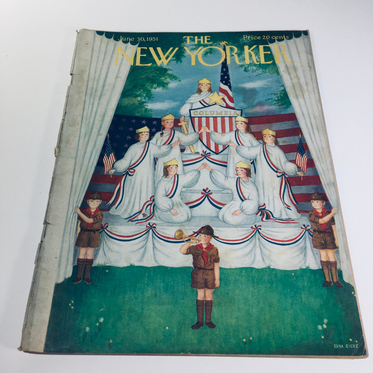 The New Yorker Magazine June 30, 1951 Full theme cover by Edna Eicke, showcasing a vibrant historical scene with participants dressed in white, American flags, and a child in a scout uniform, capturing the essence of 1950s Americana.