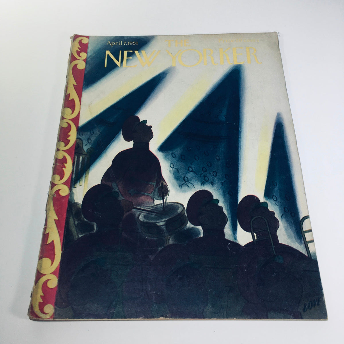 The New Yorker: April 7 1951 magazine cover featuring a dramatic illustration by Leonard Dove, depicting musicians under stage lights. A vintage piece of American art and culture.