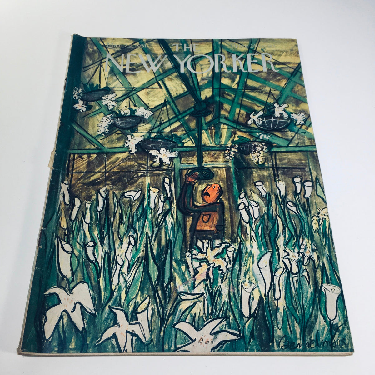 The New Yorker March 24, 1951 cover illustration by Ludwig Bemelmans featuring vibrant flowers and a figure in a greenhouse, showcasing mid-20th century art and design.
