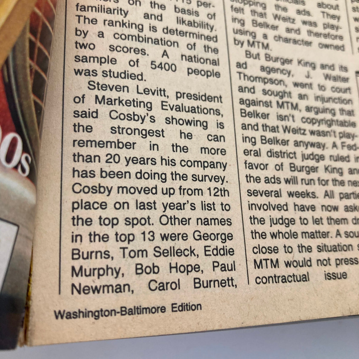 Inside page of the TV Guide Magazine August 3 1985, showing an article discussing television personalities and rankings, including mentions of Bill Cosby, George Burns, and others in the context of popularity and likability.