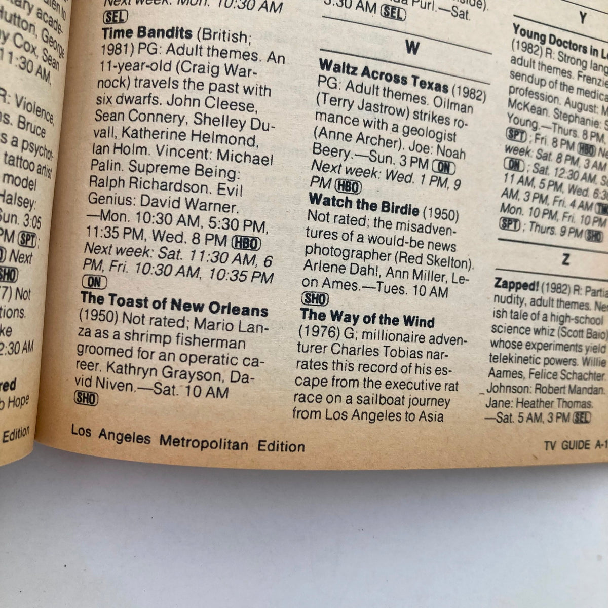 Interior page from TV Guide Magazine dated August 27, 1983 featuring listings for various television programs, including 'Time Bandits' and 'The Way of the Wind,' highlighting the movie and show schedules for the Los Angeles Metropolitan Edition.