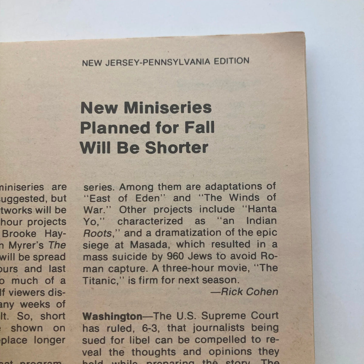 Article excerpt from TV Guide Magazine April 28 1979, discussing new miniseries planned for fall and referencing notable adaptations including 'East of Eden' and 'The Winds of War'.