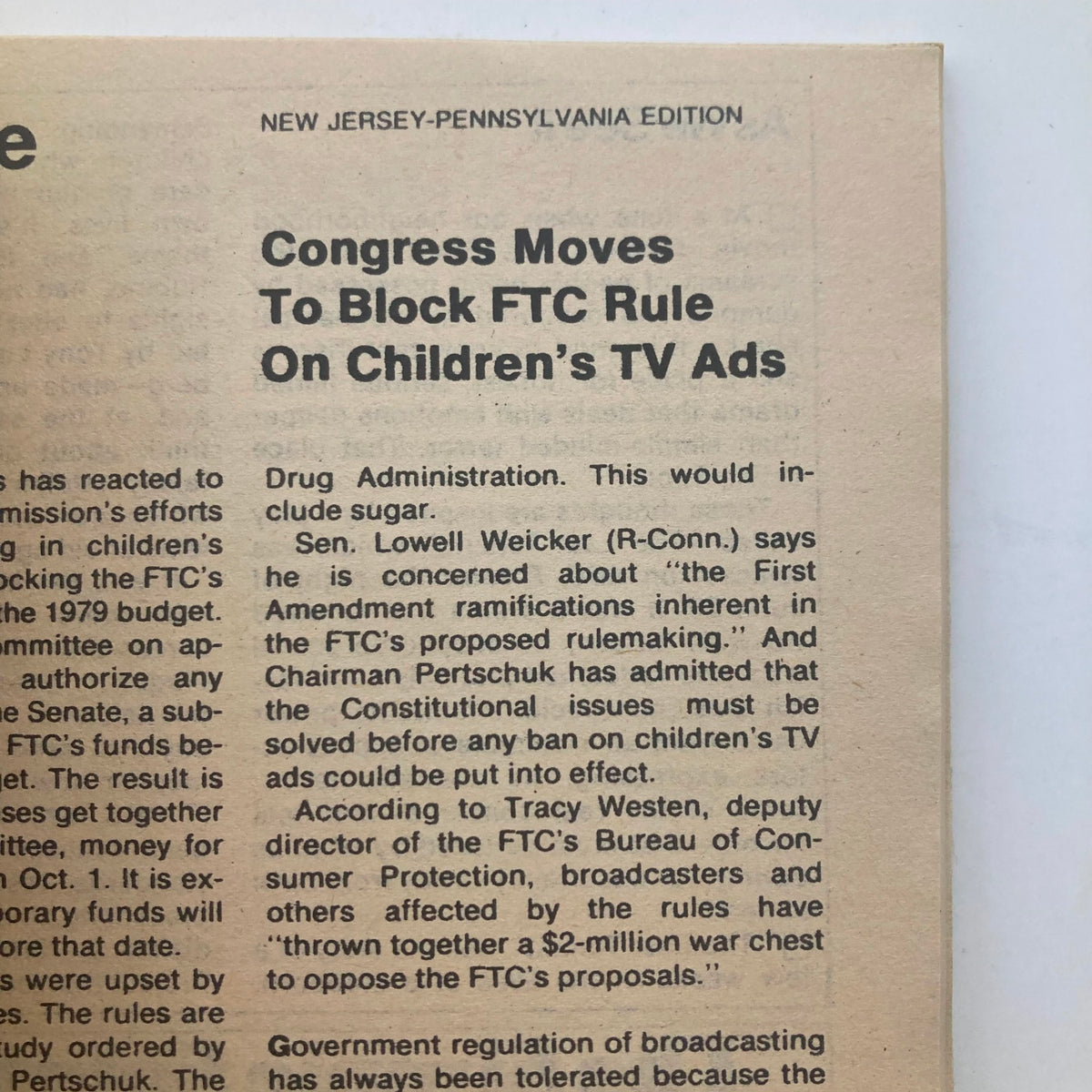 Article page from TV Guide Magazine July 15, 1978 detailing Congress's attempts to block FTC rules on children's TV advertisements.
