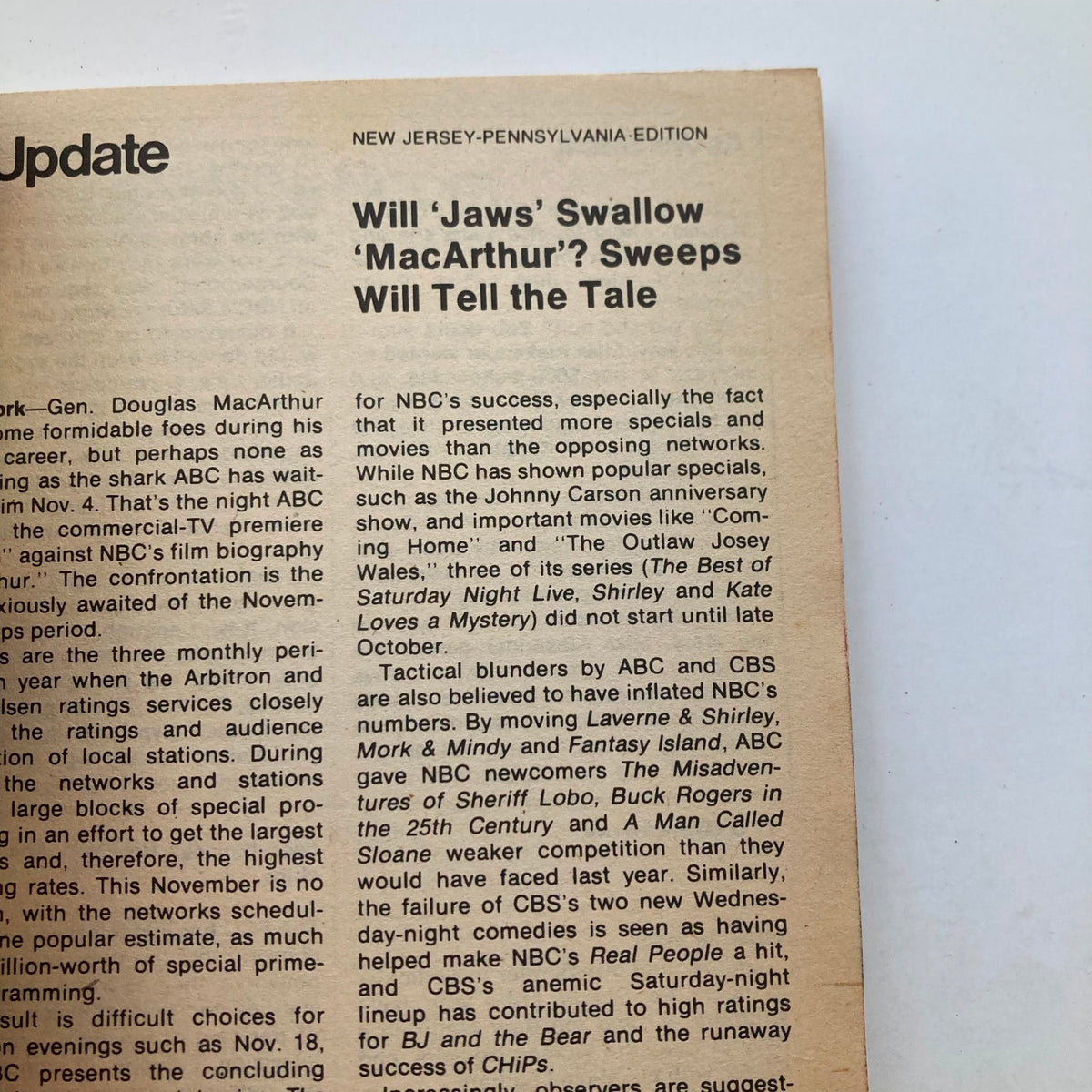 Inside page of the TV Guide Magazine from October 27, 1979, discussing television programming and ratings impact, part of the New Jersey-Pennsylvania edition.