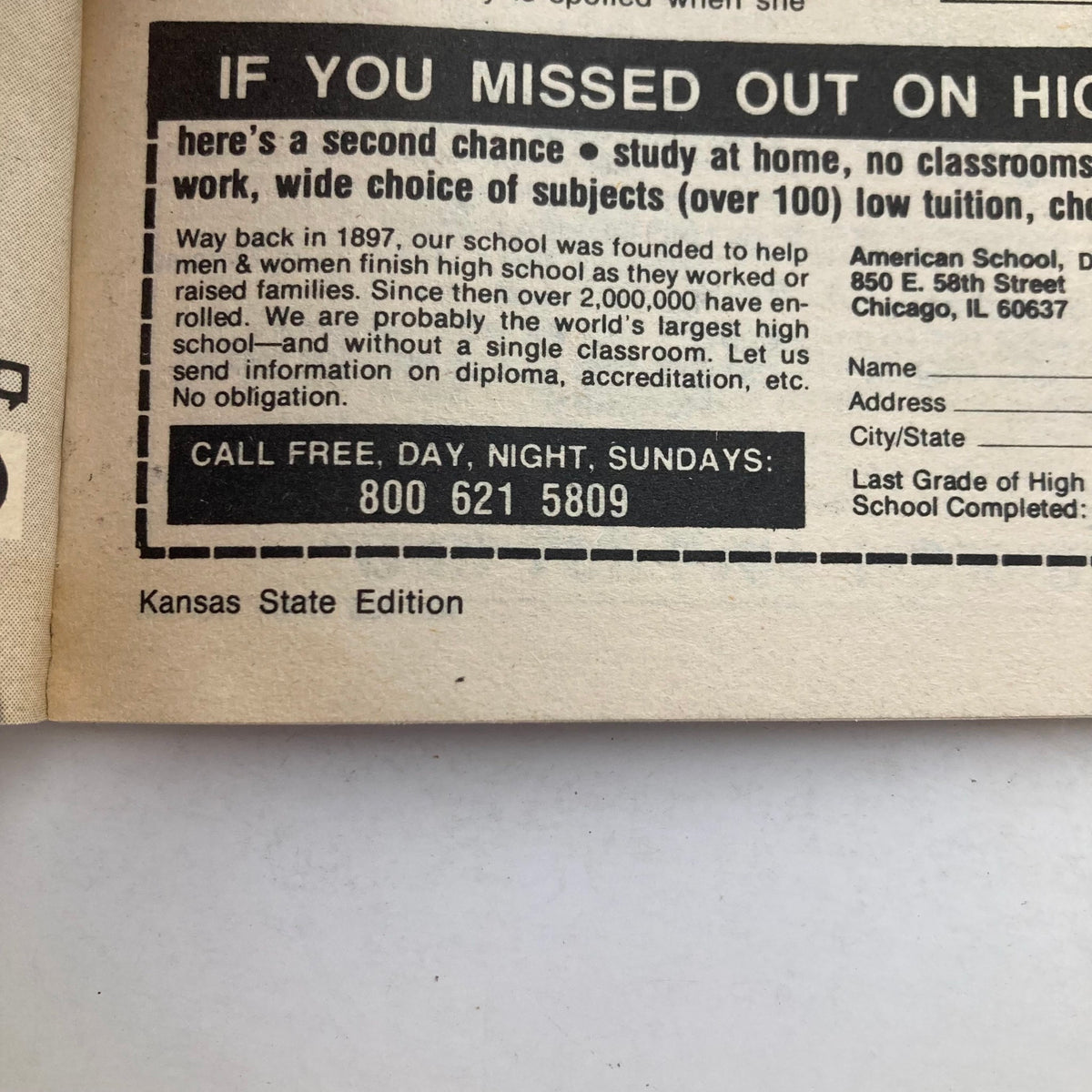 An advertisement from the inside of the TV Guide Magazine December 5, 1981, promoting an at-home high school completion program. It includes contact information and emphasizes a second chance for education.