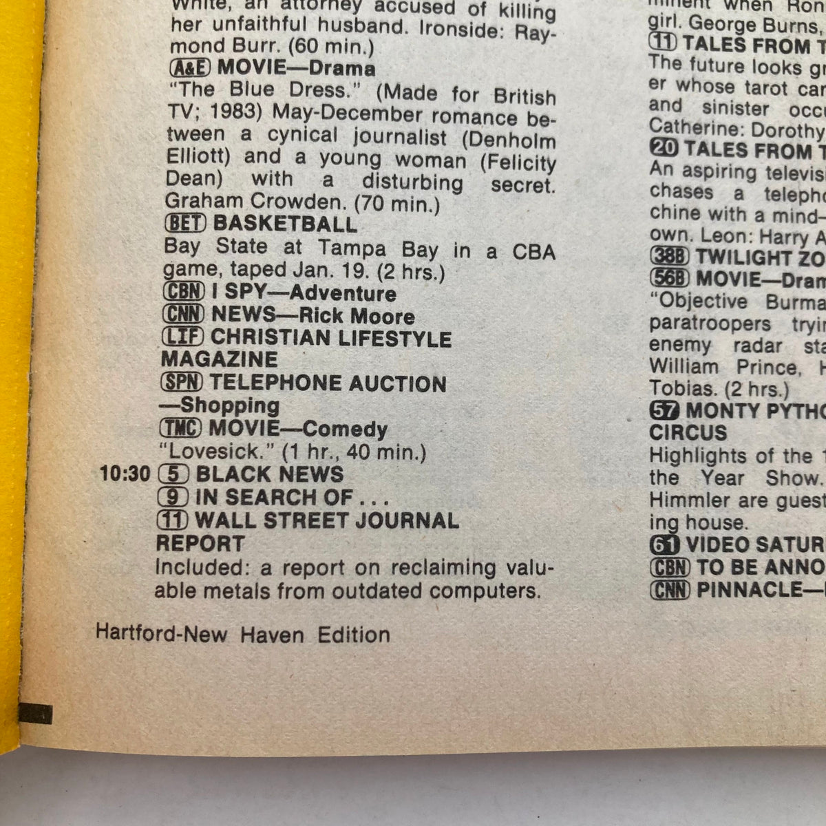Inside page of TV Guide Magazine January 26, 1985 showing a TV schedule with various programs listed, part of the Hartford-New Haven edition.