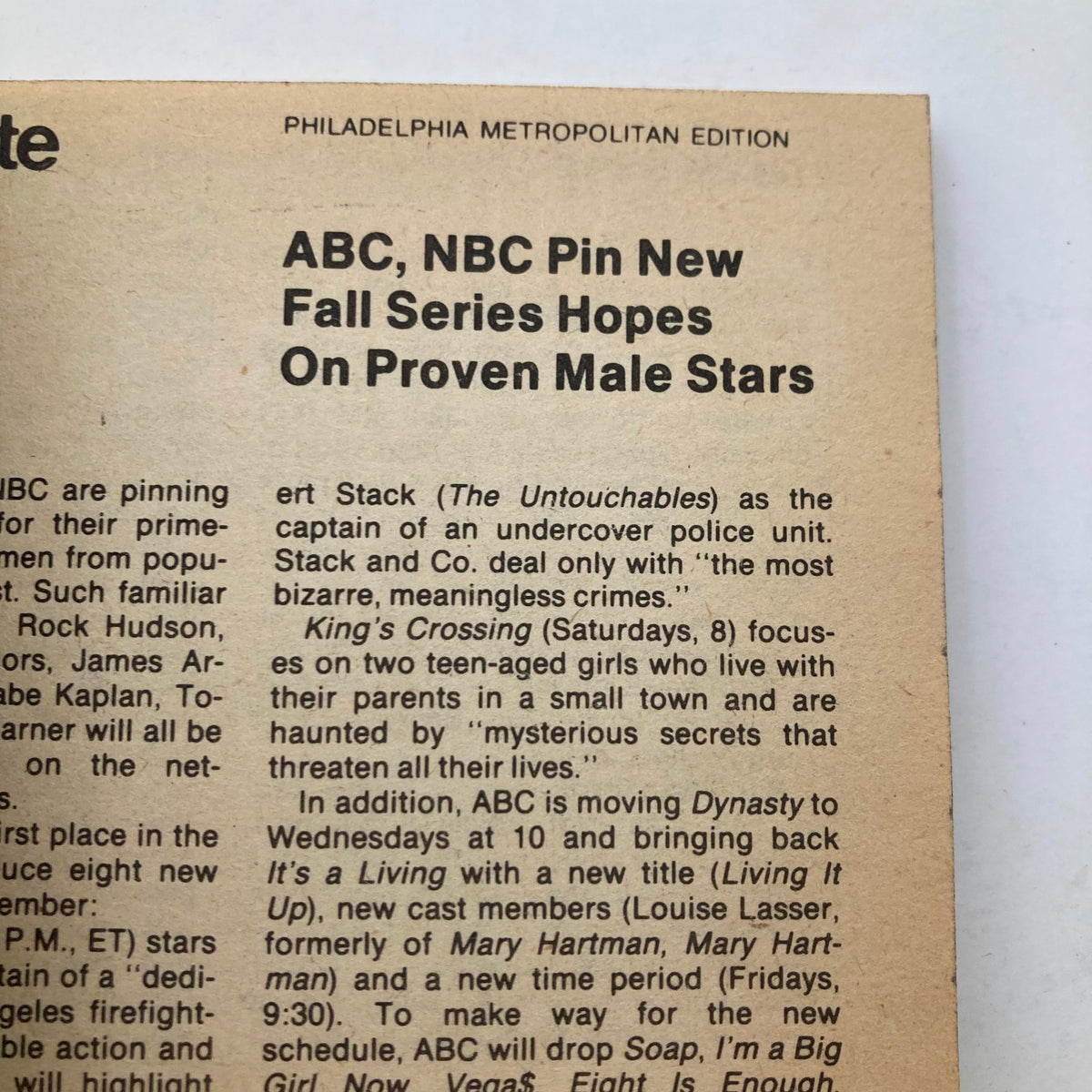Inside page of TV Guide Magazine May 9 1981 discussing ABC and NBC's new fall series hopes, featuring highlights on prominent male stars and programming changes.