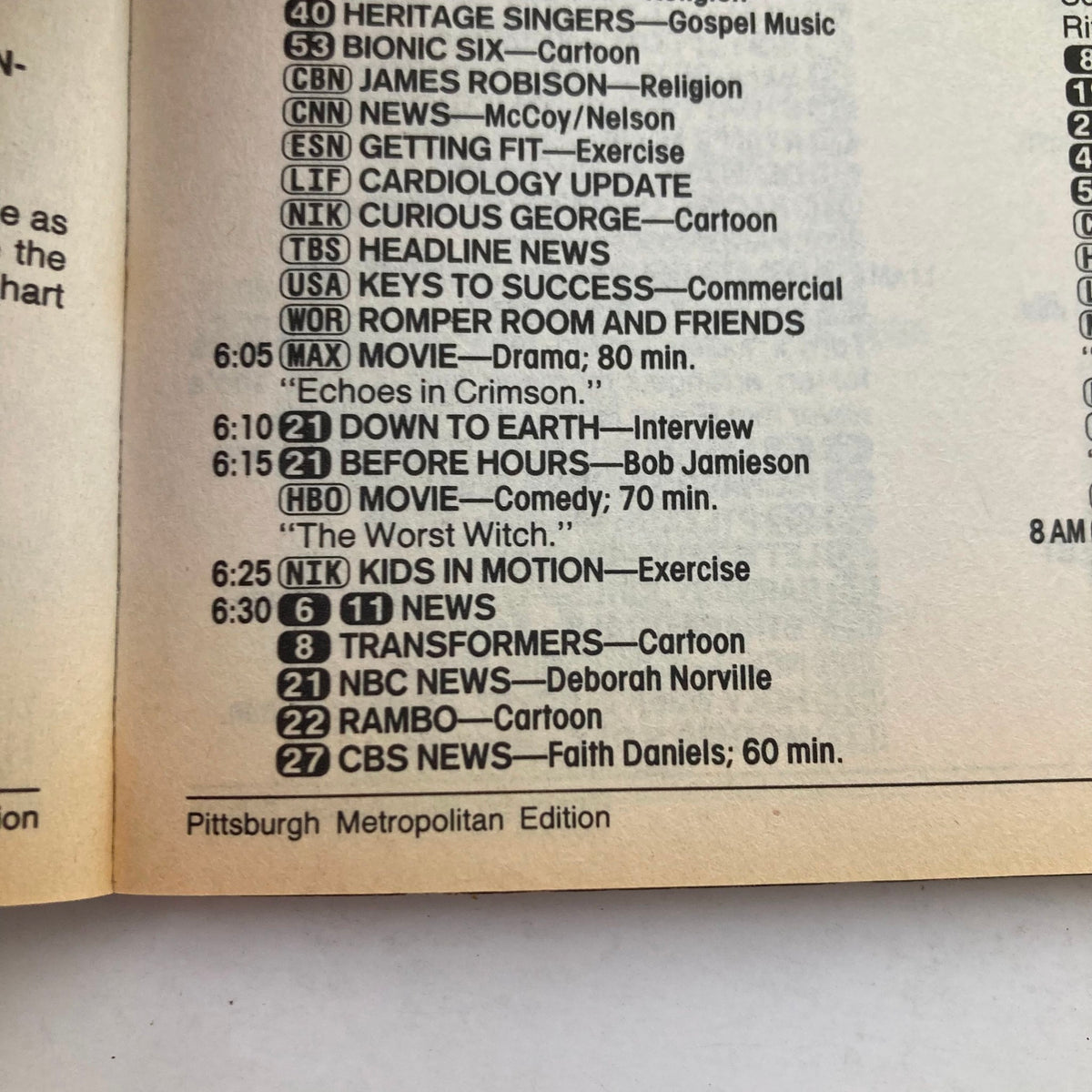 TV Guide Magazine October 24 1987 Bruce Willis cover showing television listings and programming schedule from the Pittsburgh Metro edition including popular shows such as 'Curious George,' 'Transformers,' and 'CBS News.'