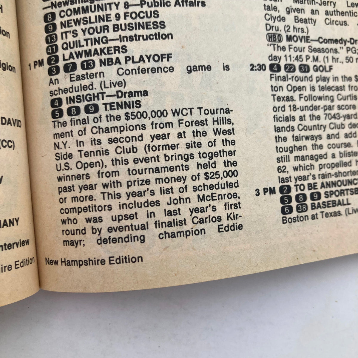 Inside page of TV Guide Magazine from May 8, 1982, showing program listings for the New Hampshire Edition, including unique television events from that era.