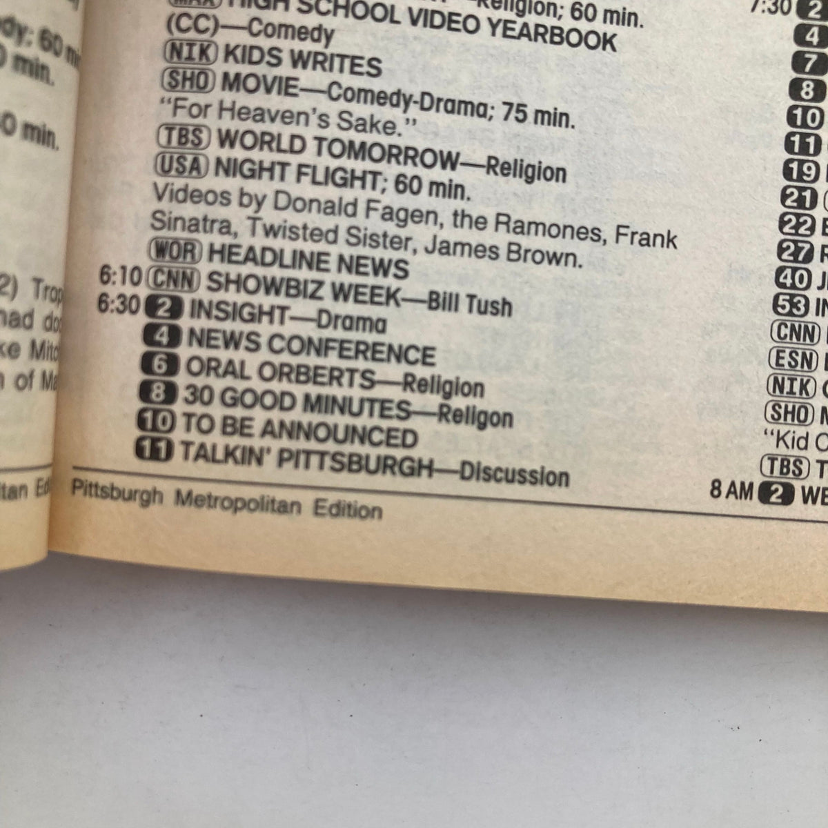 Interior page from TV Guide Magazine September 19, 1987, showcasing the listings for Pittsburgh Metropolitan Edition, including program titles like 'Showbiz Week' and 'Insight,' along with time slots and channel numbers.