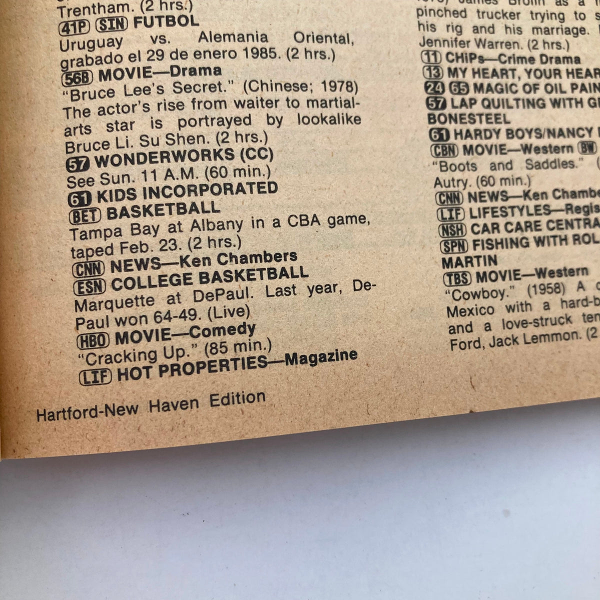 Inside page of the TV Guide Magazine March 2 1985 showing a listing of television schedules and programming highlights for the Hartford-New Haven edition.