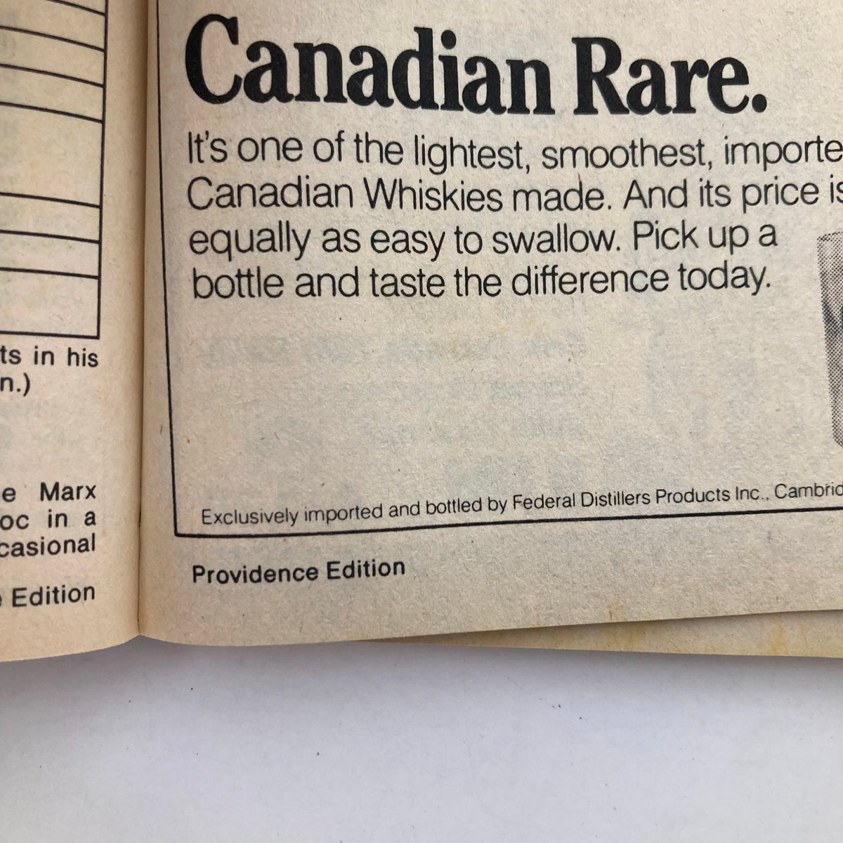 An advertisement from the TV Guide Magazine dated November 27, 1982, promoting Canadian Rare whisky, emphasizing its smoothness and quality.