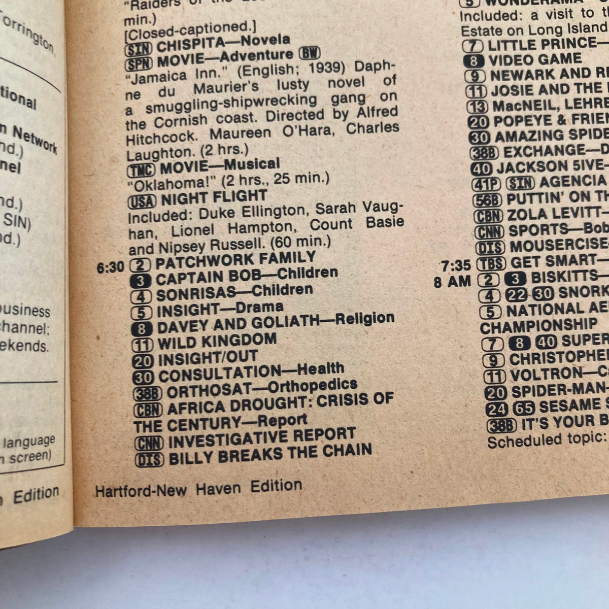 Inside page of TV Guide Magazine April 27 1985 displaying TV listings for the Hartford-New Haven edition, providing a schedule of shows.