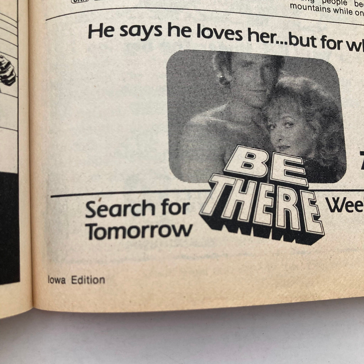 Inside page of TV Guide Magazine August 13 1983, showcasing an advertisement for the soap opera 'Search for Tomorrow' with a snapshot of a dramatic scene.