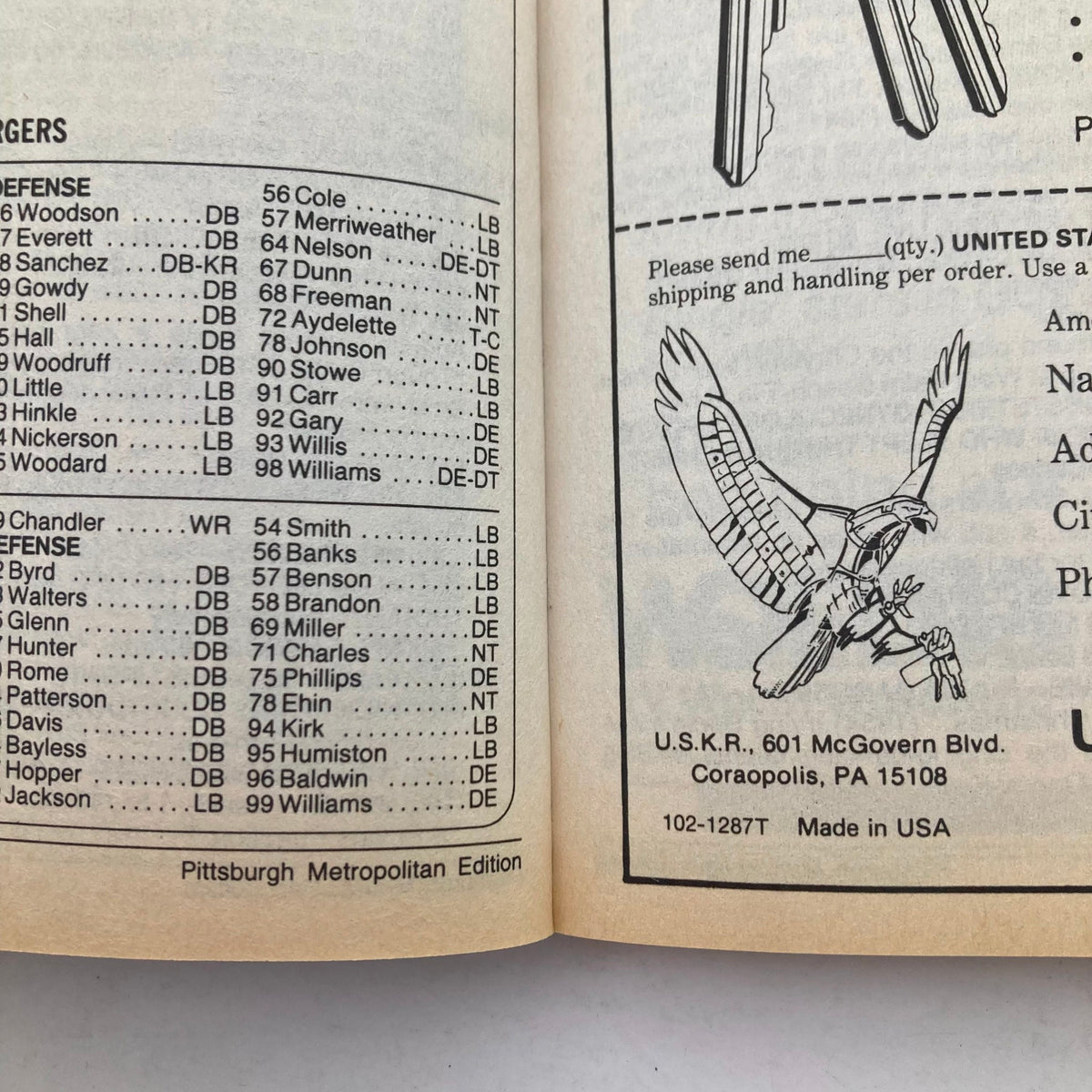 Inside page of TV Guide Magazine December 12, 1987, showing a sports roster and advertising feature from the Pittsburgh Metropolitan Edition.