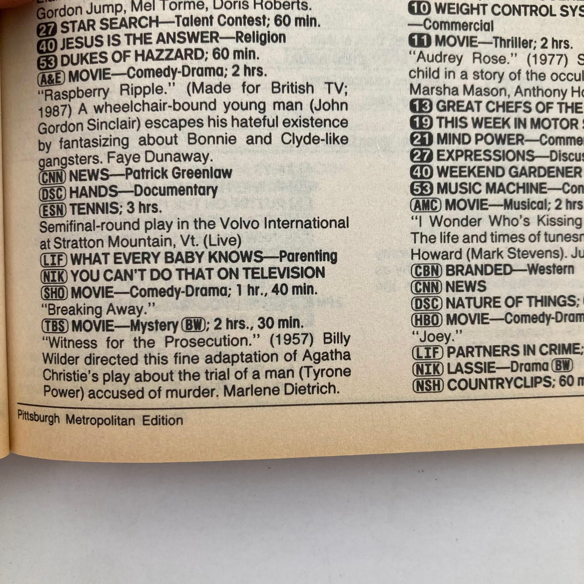 Inside page of TV Guide Magazine August 8, 1987 listing programs and show titles, including 'What Every Baby Knows' and other shows, showcasing the television lineup from that era.