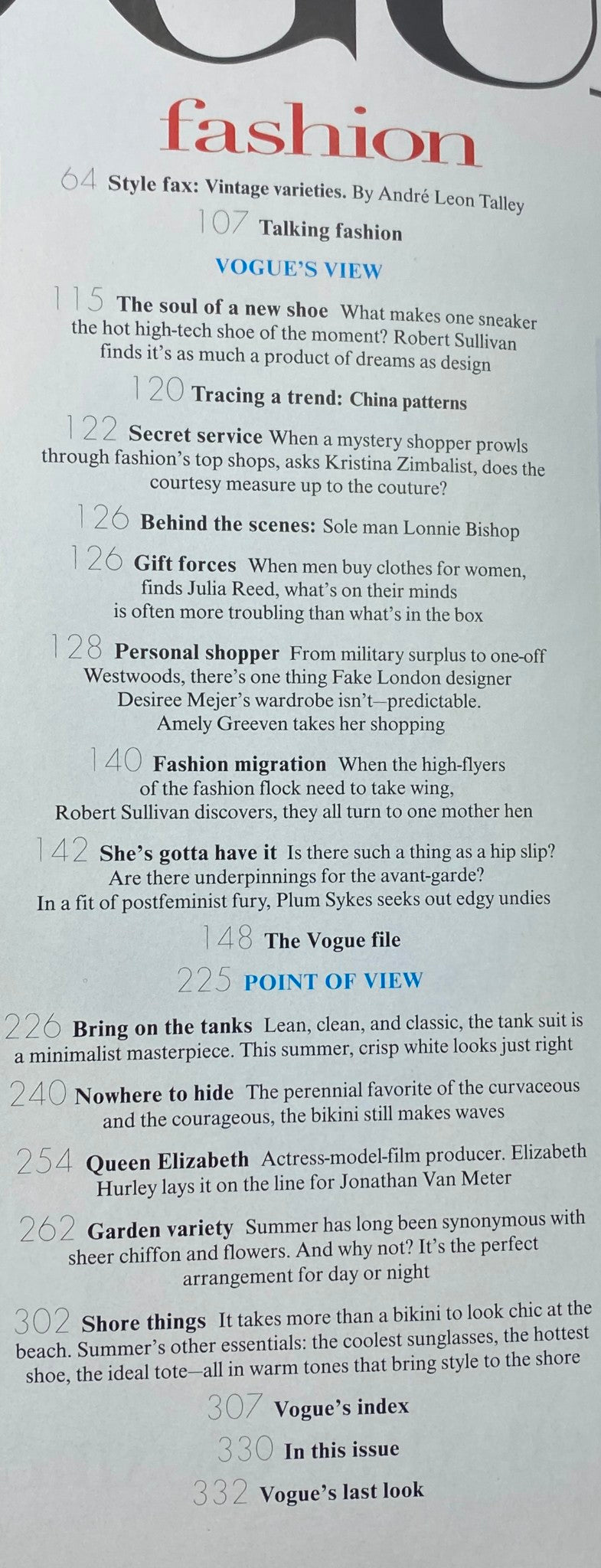 Contents page of Vogue Magazine May 1998 with fashion articles, including topics like 'Style fax' and 'Vogue's view'.