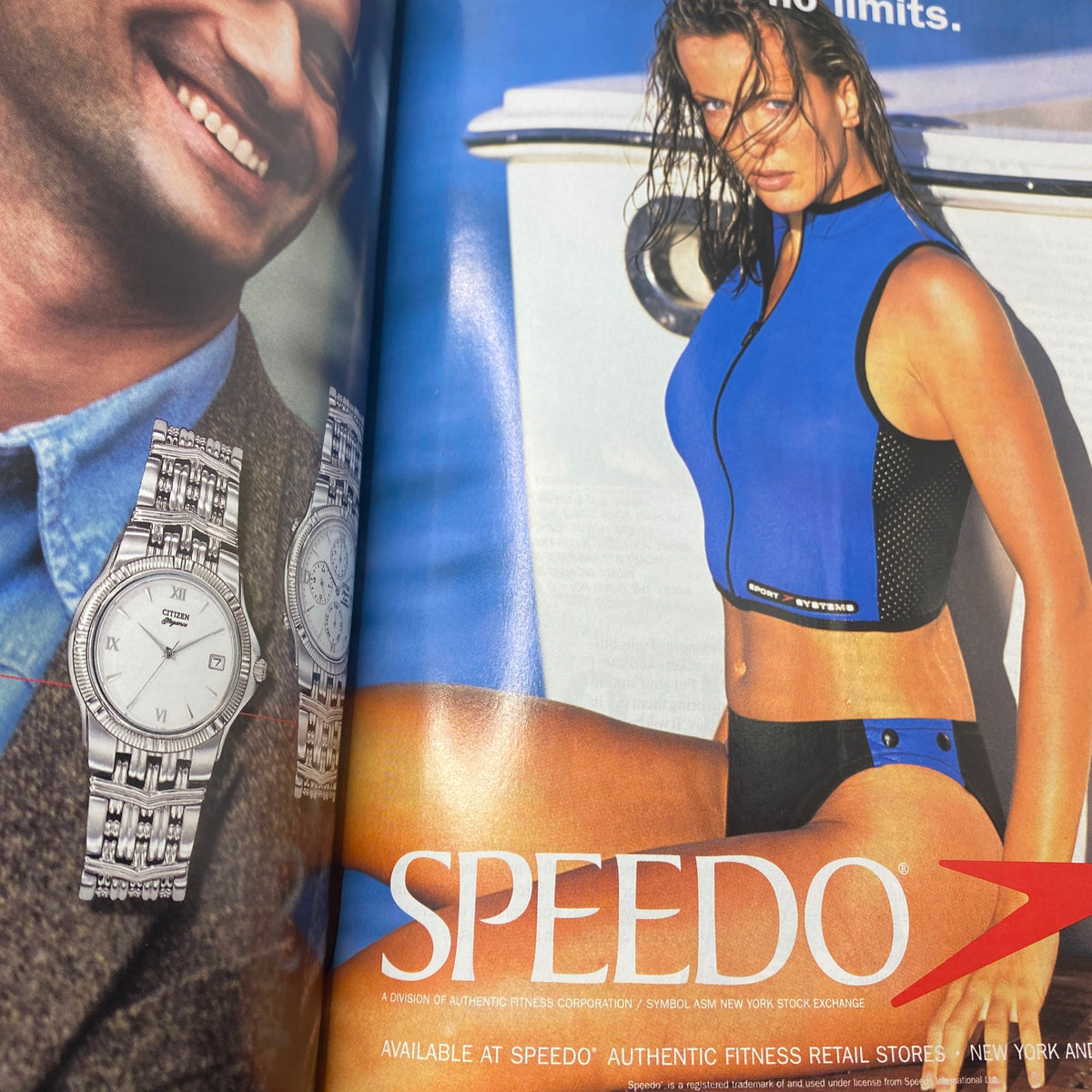 Ad from Vogue Magazine May 1998 featuring a model in a blue Speedo swimsuit, promoting a sporty lifestyle.