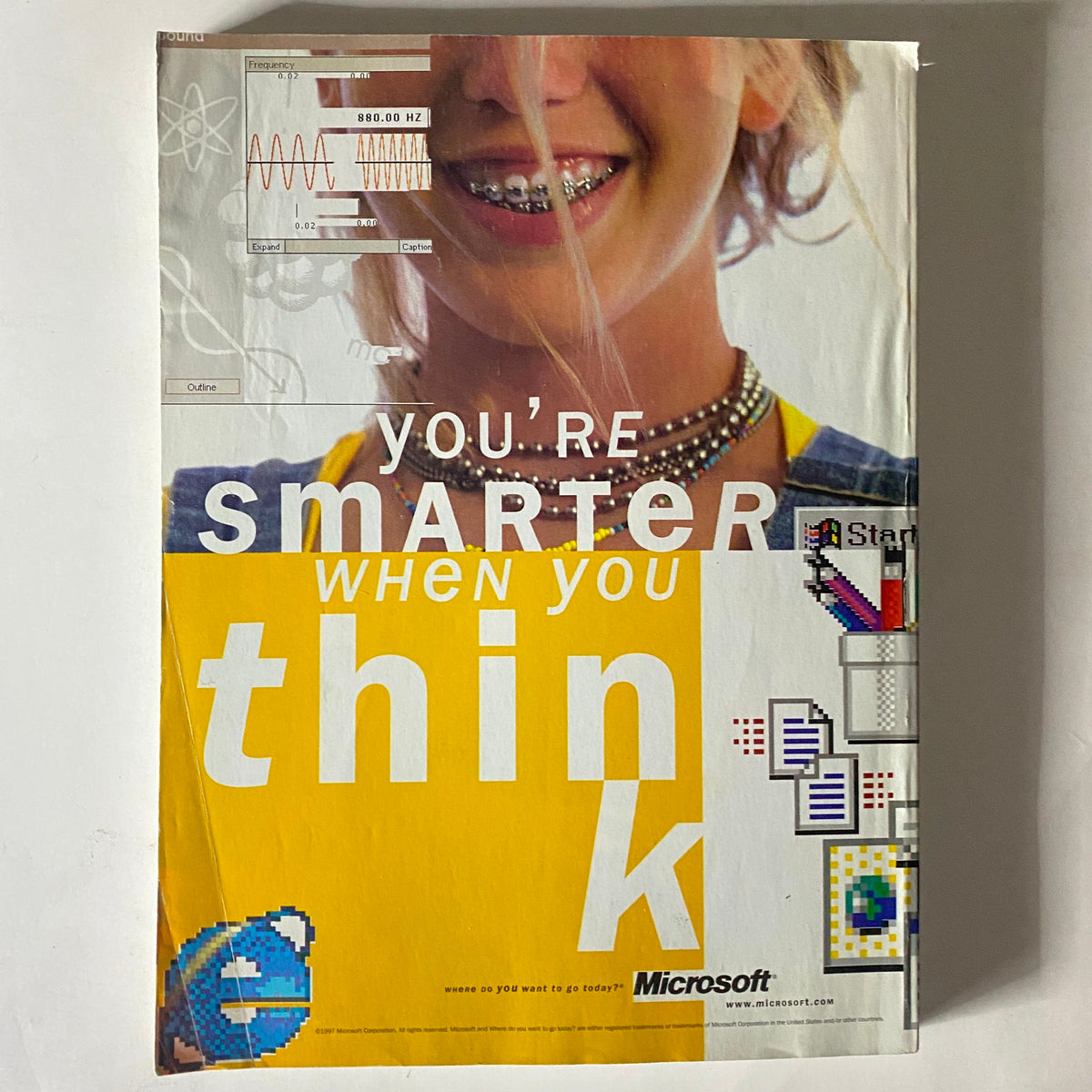 Back cover of Vogue Magazine May 1998 featuring an advertisement for Microsoft, conveying a retro branding style.