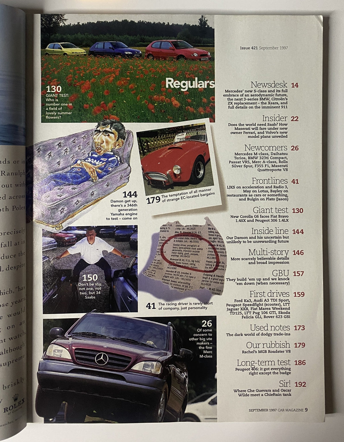 Page from CAR Magazine September 1997 displaying regular segments including news, reviews, and automotive industry updates, highlighting models like the Mercedes and featured tests.