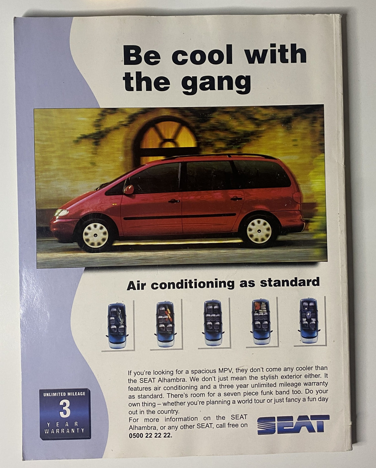 Advertisement in CAR Magazine September 1997 promoting the SEAT Alhambra with emphasis on spaciousness and standard air conditioning.