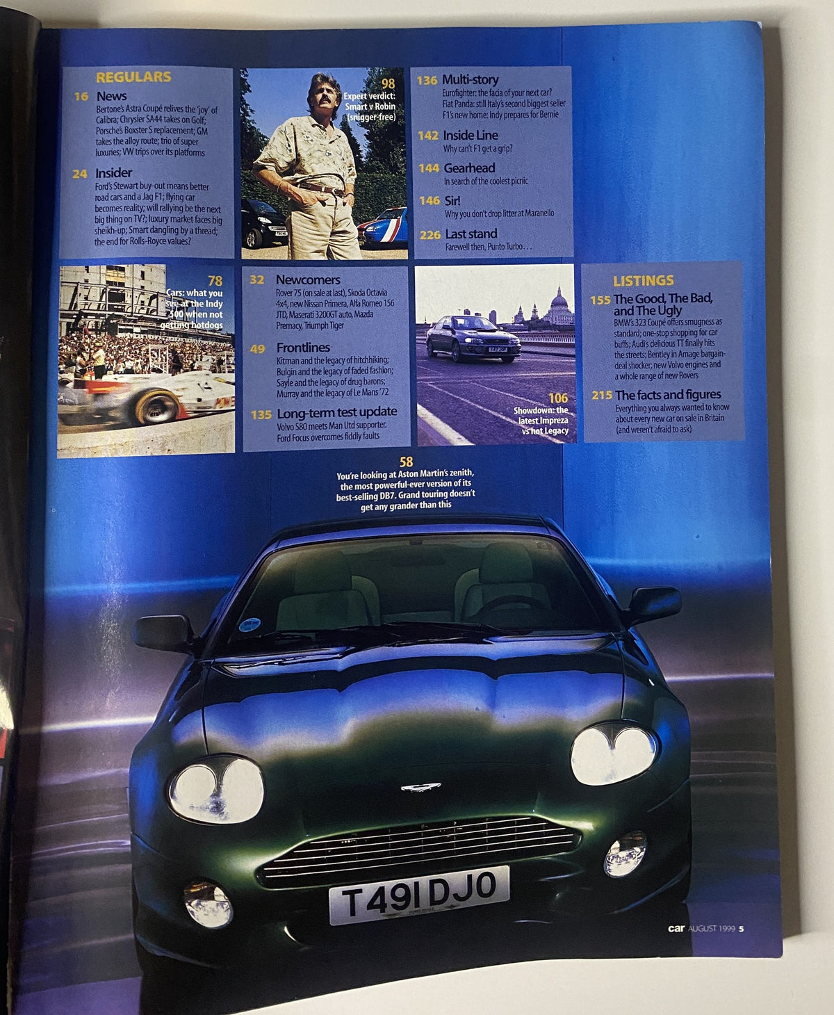 Inside contents of CAR Magazine August 1999, detailing articles on Aston DB7 Vantage, Porsche Boxster S, and regular features.