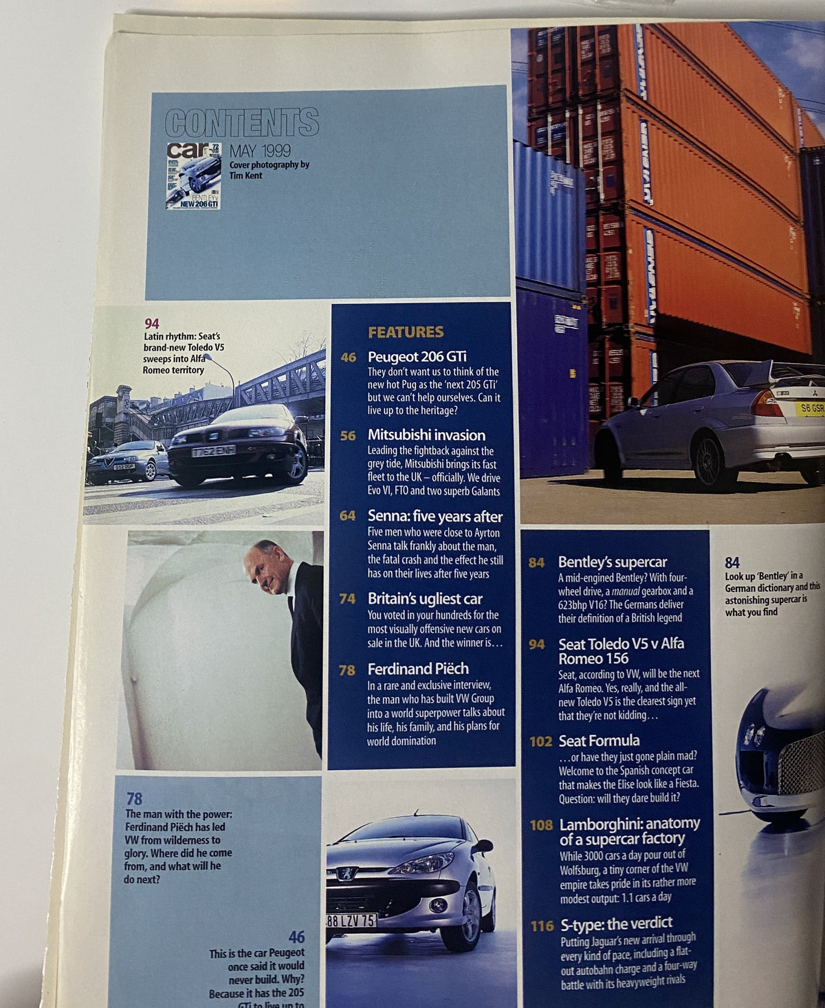 Contents page of CAR Magazine May 1999 outlining features such as Peugeot 206 GTI and Bentley’s supercar, providing a glimpse into automotive analysis and reviews.