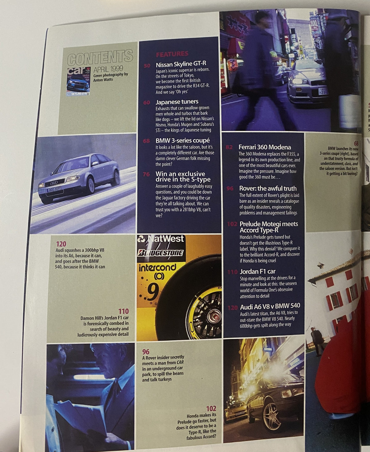 Table of Contents from CAR Magazine April 1999, including features on Nissan Skyline GT-R, Ferrari 360 Modena, and BMW 3-Series.