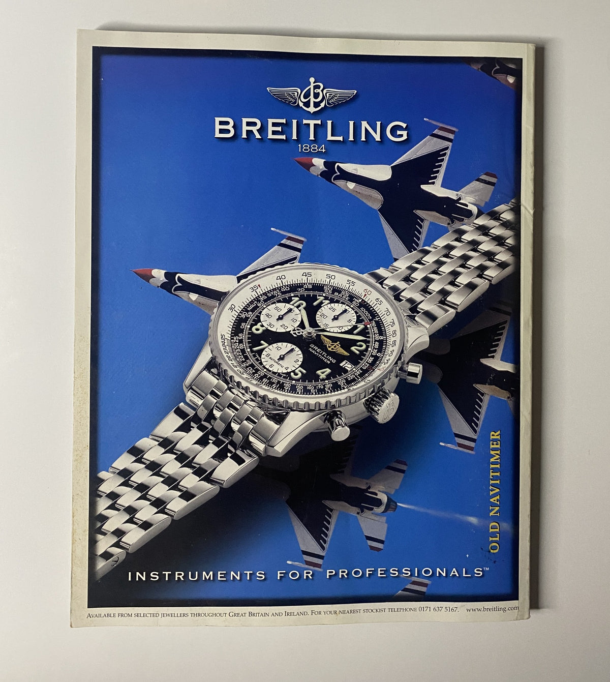 Advertisement for Breitling watch featured in CAR Magazine April 1999, promoting professional timepieces.
