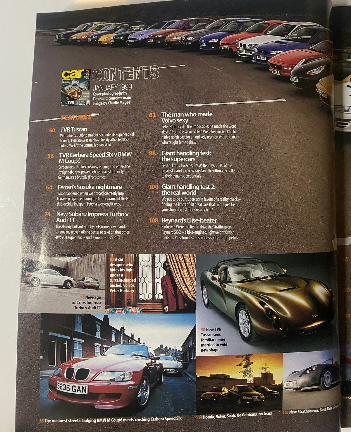 CAR Magazine January 1999 Table of Contents featuring TVR Tuscan and Cerbera Speed Six, BMW M Coupe comparison, and Subaru Impreza Turbo details.