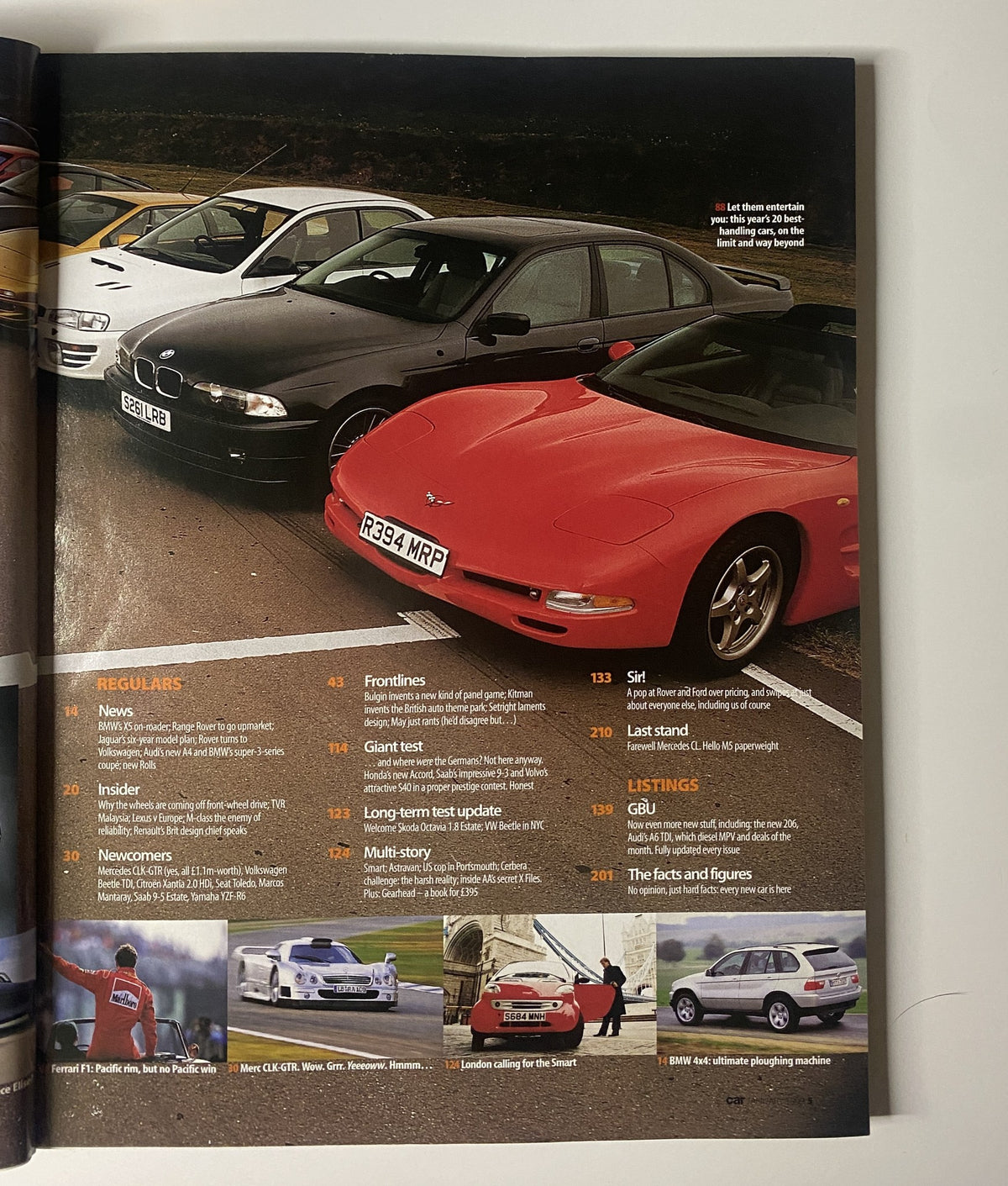 CAR Magazine January 1999 highlights showing a lineup of cars including a Corvette, BMW, and others. Features include a giant handling test and insights into regular segments.