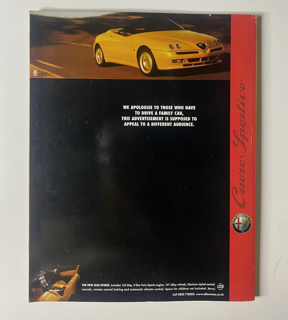 Back cover of CAR Magazine January 1999 showcasing the yellow Alfa Romeo Spider with a message targeting a different audience.
