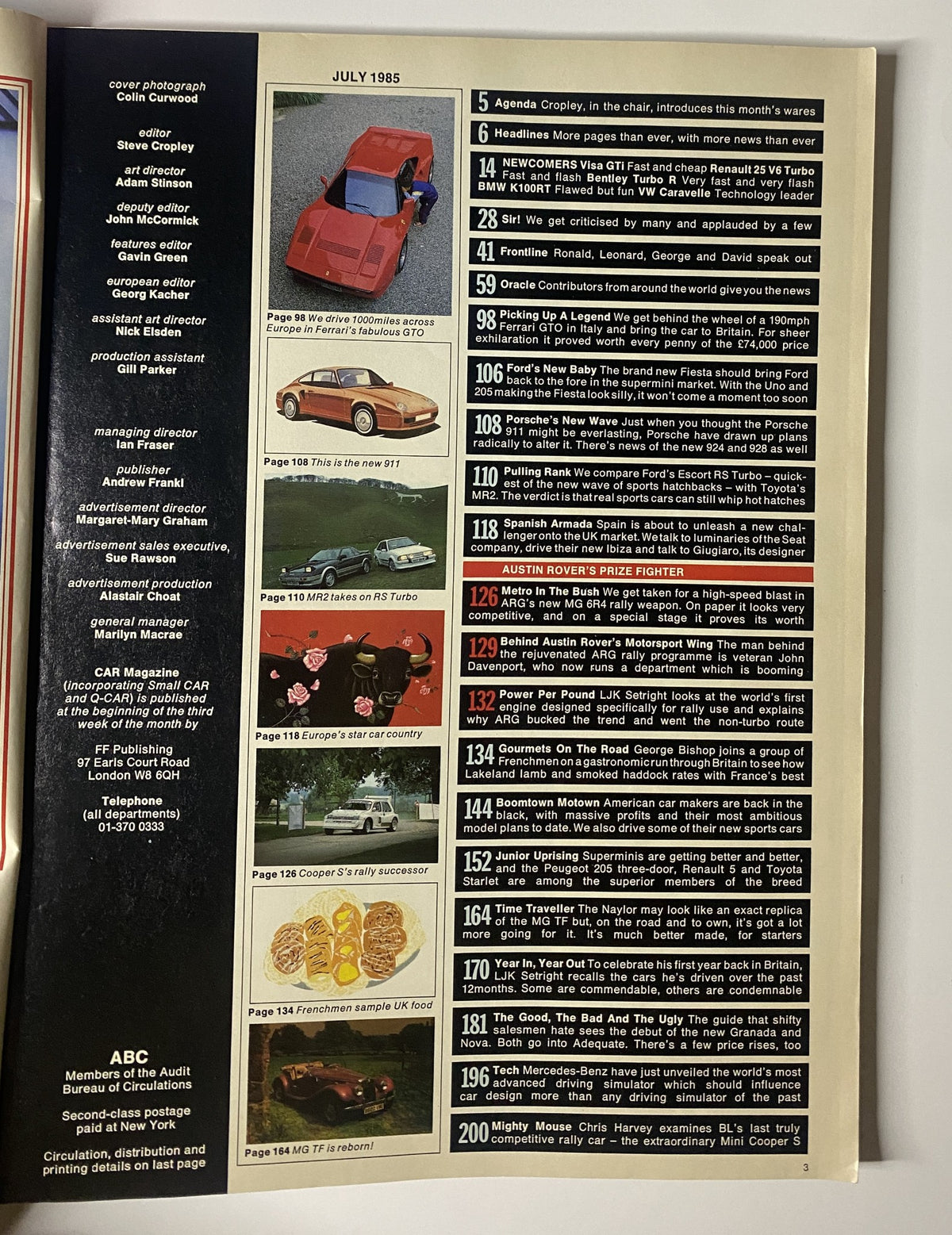 Table of Contents from Car Magazine July 1985, highlighting key articles including the Ferrari GTO and Porsche 911.