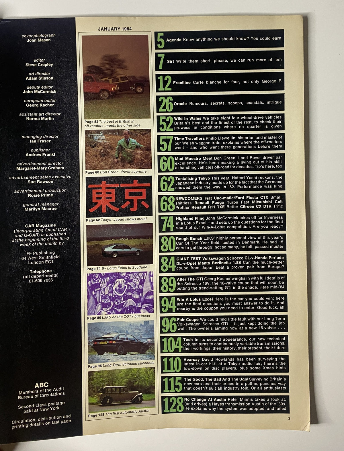 Table of contents for CAR Magazine January 1984 featuring a Land Rover test and a Lotus Excel rival 4x4 comparison along with various articles on automotive topics.