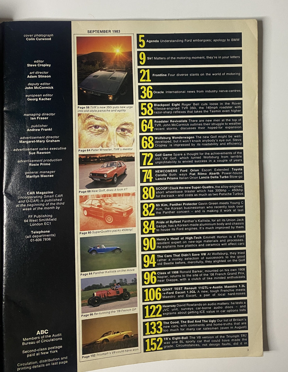 Table of Contents from CAR Magazine September 1983, featuring sections on Ford embargoes, motoring letters, new car reviews, and industry news.